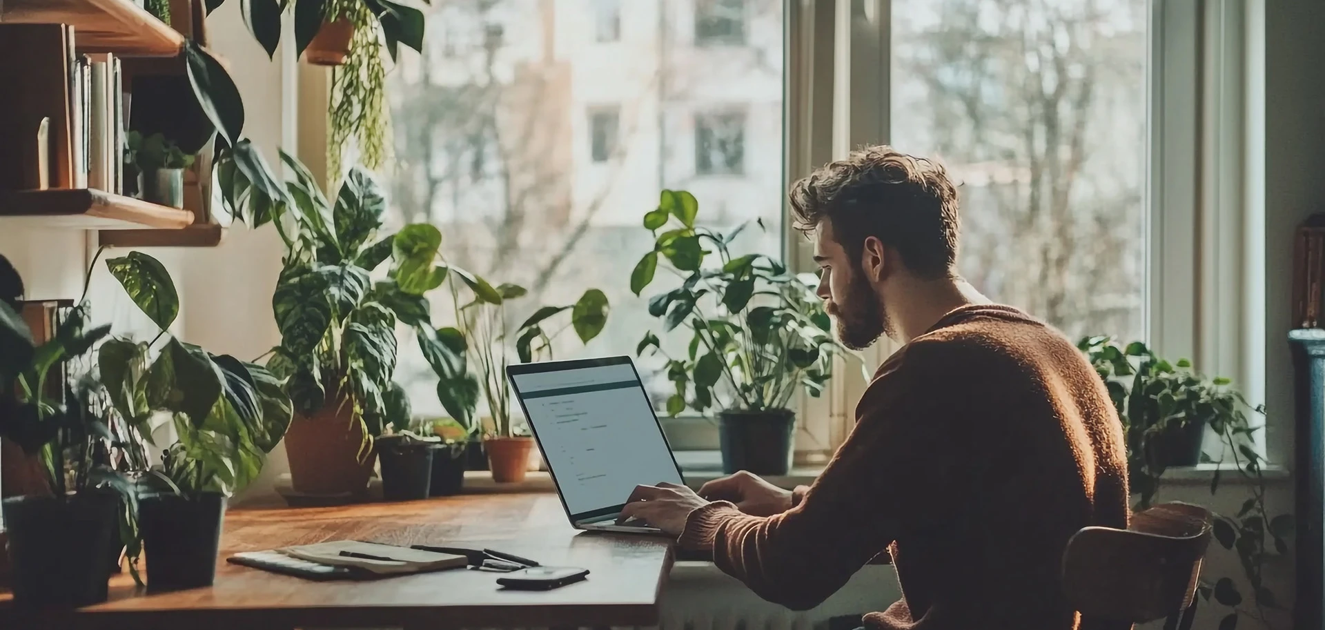 Développeur au travail sur son ordinateur portable dans un intérieur lumineux