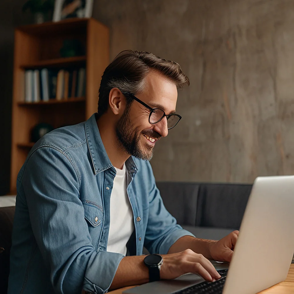 Professionnel souriant travaillant sur un projet devant son ordinateur portable