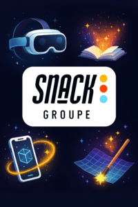 Composition visuelle du logo Snack Groupe entouré d'éléments technologiques immersifs : un casque de réalité virtuelle, un livre magique, un smartphone avec un cube numérique, et une grille de modélisation 3D, symbolisant l'expertise en Réalité Augmentée AR, VR et création numérique.