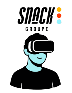 Modern illustration of a person wearing a virtual reality headset on a green background, combined with the Snack Groupe logo, representing VR immersion solutions.