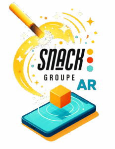 Illustration du logo Snack Groupe avec le texte "AR", un smartphone affichant un cube 3D et une baguette magique, représentant la création d'expériences de réalité augmentée mobile et de contenu interactif.