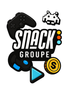 Illustration du logo Snack Groupe avec une manette de jeu vidéo blanche, des éléments graphiques dynamiques et une clé ludique, représentant le design pour l'industrie du gaming ou le marketing de jeux vidéo.