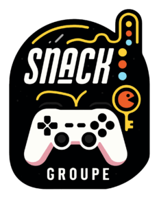 Illustration du logo Snack Groupe avec une manette de jeu vidéo blanche, des éléments graphiques dynamiques et une clé ludique, représentant le design pour l'industrie du gaming ou le marketing de jeux vidéo.