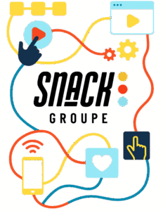 Illustration du logo Snack Groupe entouré d'icônes de communication digitale (lecture vidéo, email, cœur, Wi-Fi, engrenages, main cliquante), symbolisant la création d'expériences interactives et de contenu digital engageant.