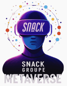 Illustration stylisée d'un avatar robotique avec un casque VR affichant un visage pixelisé, sur fond de ville néon futuriste, représentant l'innovation de Snack Groupe dans le design pour le métavers et les univers virtuels.