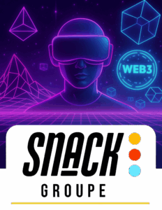 Illustration stylisée d'un avatar robotique avec un casque VR affichant un visage pixelisé, sur fond de ville néon futuriste, représentant l'innovation de Snack Groupe dans le design pour le métavers et les univers virtuels.
