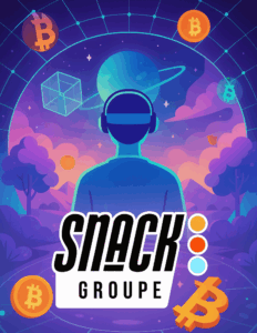 Logo 3D de l'agence créative Snack Groupe, une enseigne de bureau noire avec le nom blanc et trois points colorés (orange, rouge, bleu clair), sur une base beige, représentant l'identité de marque et le branding.
