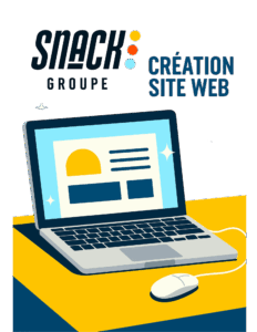 Illustration du logo Snack Groupe avec un développeur web sur une échelle travaillant sur un ordinateur portable affichant "WEB DESIGN", symbolisant l'expertise de l'agence en création et développement de sites web professionnels.