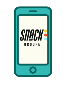 Illustration d'un smartphone affichant le logo Snack Groupe sur son écran, représentant les services de création de contenu mobile, de design d'application ou de solutions digitales pour mobile.