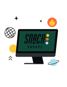 Logo 3D de l'agence créative Snack Groupe, une enseigne de bureau noire avec le nom blanc et trois points colorés (orange, rouge, bleu clair), sur une base beige, illustrant l'identité de marque et le branding de l'agence.