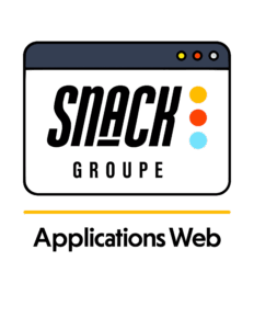 Illustration du logo Snack Groupe dans une fenêtre de navigateur web, avec le texte "Applications Web", symbolisant l'expertise de l'agence dans le développement et la création d'applications web performantes.
