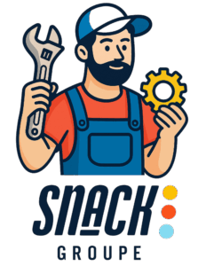 Logo 3D de l'agence créative Snack Groupe, une enseigne de bureau noire avec le nom blanc et trois points colorés (orange, rouge, bleu clair), sur une base beige, illustrant l'identité de marque et le branding de l'agence.