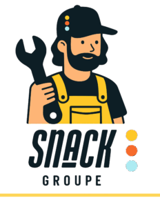 Illustration d'un personnage stylisé (mécanicien/technicien) tenant une clé et un engrenage, au-dessus du logo Snack Groupe, représentant l'expertise en services techniques, réparation et maintenance de solutions digitales.
