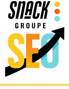Illustration d'une loupe avec "SEO" et un graphique de croissance ascendant au-dessus du logo Snack Groupe, représentant les services d'optimisation de moteurs de recherche et d'amélioration de la visibilité en ligne.