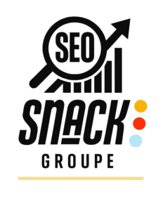 Illustration d'une loupe avec "SEO" et un graphique de croissance ascendant au-dessus du logo Snack Groupe, représentant les services d'optimisation de moteurs de recherche et d'amélioration de la visibilité en ligne.