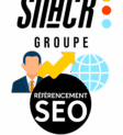 mage du logo Snack Groupe avec un homme d&#039;affaires, un globe terrestre et une flèche de progression, accompagnés du texte &quot;RÉFÉRENCEMENT SEO&quot;, symbolisant l&#039;expertise en stratégie SEO internationale et l&#039;optimisation de la présence digitale.