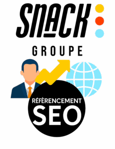 mage du logo Snack Groupe avec un homme d'affaires, un globe terrestre et une flèche de progression, accompagnés du texte "RÉFÉRENCEMENT SEO", symbolisant l'expertise en stratégie SEO internationale et l'optimisation de la présence digitale.