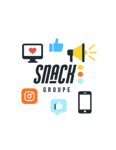 Image du logo Snack Groupe entouré d'icônes d'interaction sur les réseaux sociaux (écran avec cœur, pouce levé, mégaphone, Instagram, bulle de discussion, smartphone), symbolisant l'engagement et la gestion de communauté sur les médias sociaux.
