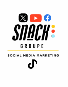 Illustration d'un sac jaune étiqueté "CONTENUS" débordant de logos de réseaux sociaux (Facebook, Instagram, YouTube, Twitter, TikTok), représentant la création de contenu percutant pour les médias sociaux.