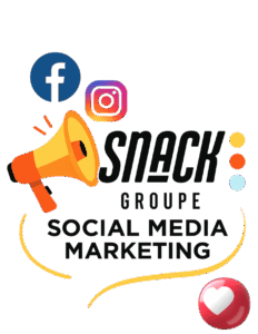 Illustration d'un sac jaune étiqueté "CONTENUS" débordant de logos de réseaux sociaux (Facebook, Instagram, YouTube, Twitter, TikTok), représentant la création de contenu percutant pour les médias sociaux.