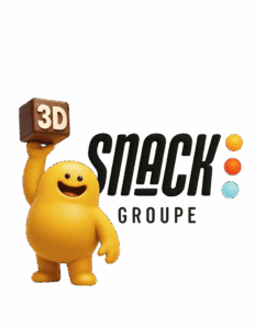 3D animation rendered black logo sign for Snack Groupe, featuring "SNACK" in bold white letters, "GROUPE" in smaller white letters below, and three colored dots (orange, red, light blue) vertically aligned on the right. The sign rests on a light beige base.