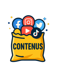 Contenus Social Media: Illustration d'un sac jaune intitulé "CONTENUS" débordant de logos colorés de plateformes de médias sociaux : Facebook, Instagram, YouTube, Twitter et TikTok.