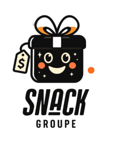 Logo noir de Snack Groupe avec des points colorés (jaune, rouge, bleu clair), utilisé pour le branding et la reconnaissance de la marque.
