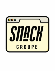 Logo 3D de l'agence créative Snack Groupe, une enseigne de bureau noire avec le nom blanc et trois points colorés (orange, rouge, bleu clair), sur une base beige, illustrant l'identité de marque et le branding de l'agence.