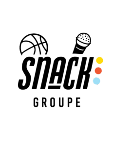 Logo de Snack Groupe avec un ballon de basket et un microphone, représentant les services de l'agence pour les secteurs du sport et du divertissement (marketing sportif, production d'événements, etc.).