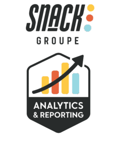Illustration d'un analyste de données travaillant sur un ordinateur portable devant un grand rapport avec des graphiques de progression (histogramme, camembert) et le texte "ANALYTICS & REPORTING", représentant les services d'analyse de performance et de reporting de Snack Groupe.
