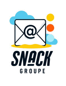 Illustration d'une icône d'email stylisée avec des nuages au-dessus du logo Snack Groupe, symbolisant les solutions d'email marketing et de messagerie professionnelle offertes par l'agence.
