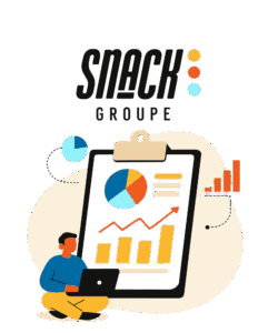 Logo Snack Groupe au-dessus d'une icône hexagonale contenant un graphique à barres et une flèche de croissance ascendante, avec le texte "ANALYTICS & REPORTING", symbolisant l'expertise en mesure de performance marketing et reporting digital.