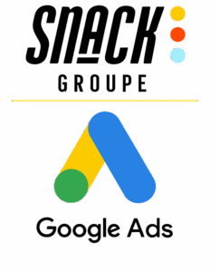 Logo Snack Groupe au-dessus du logo Google Ads et du texte "Google Ads", représentant les services de publicité en ligne, de gestion de campagnes Google Ads et de Pay-Per-Click (PPC).