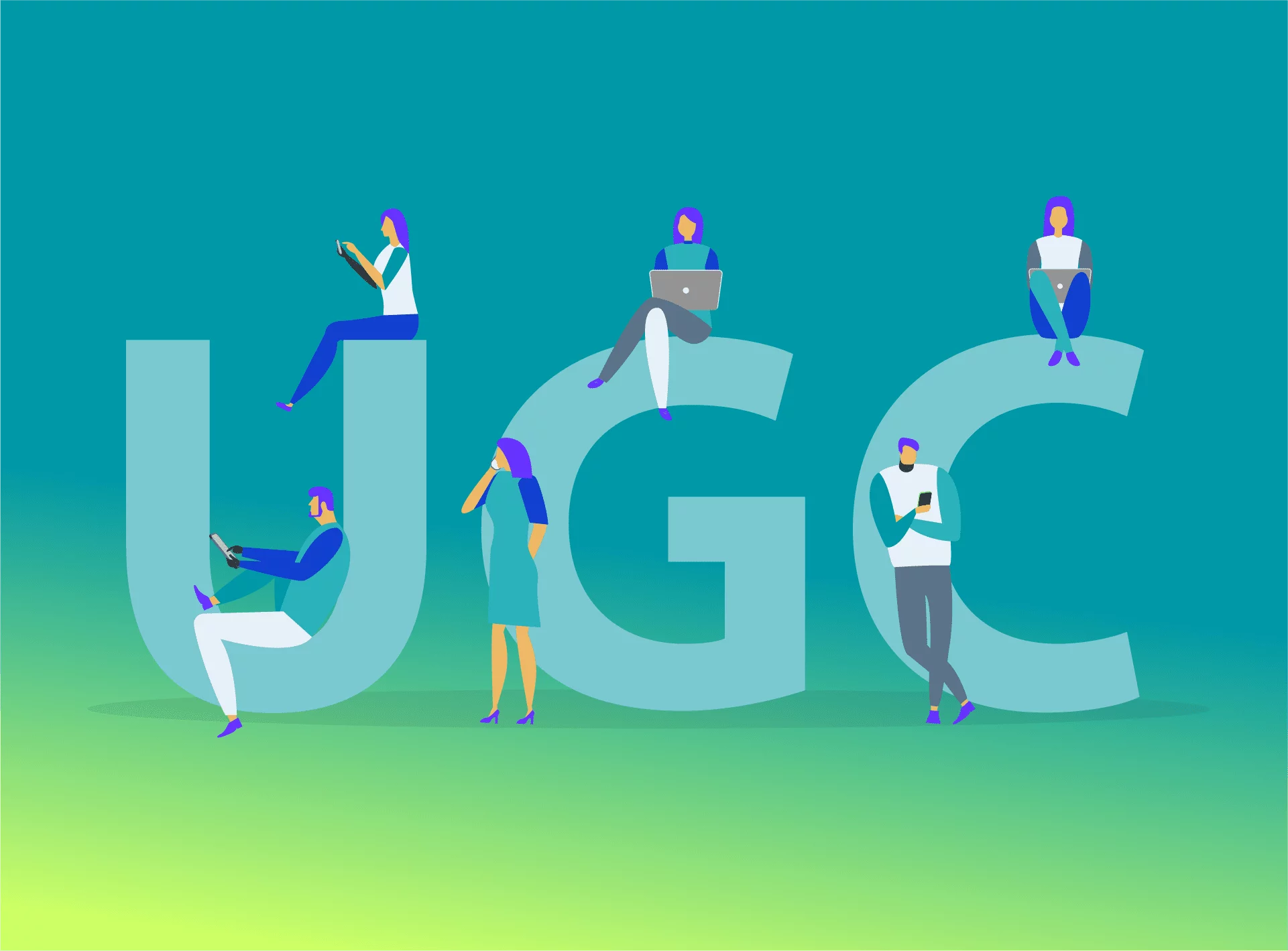 Lettres UGC entourées de petits personnages illustrant le contenu généré par les utilisateurs