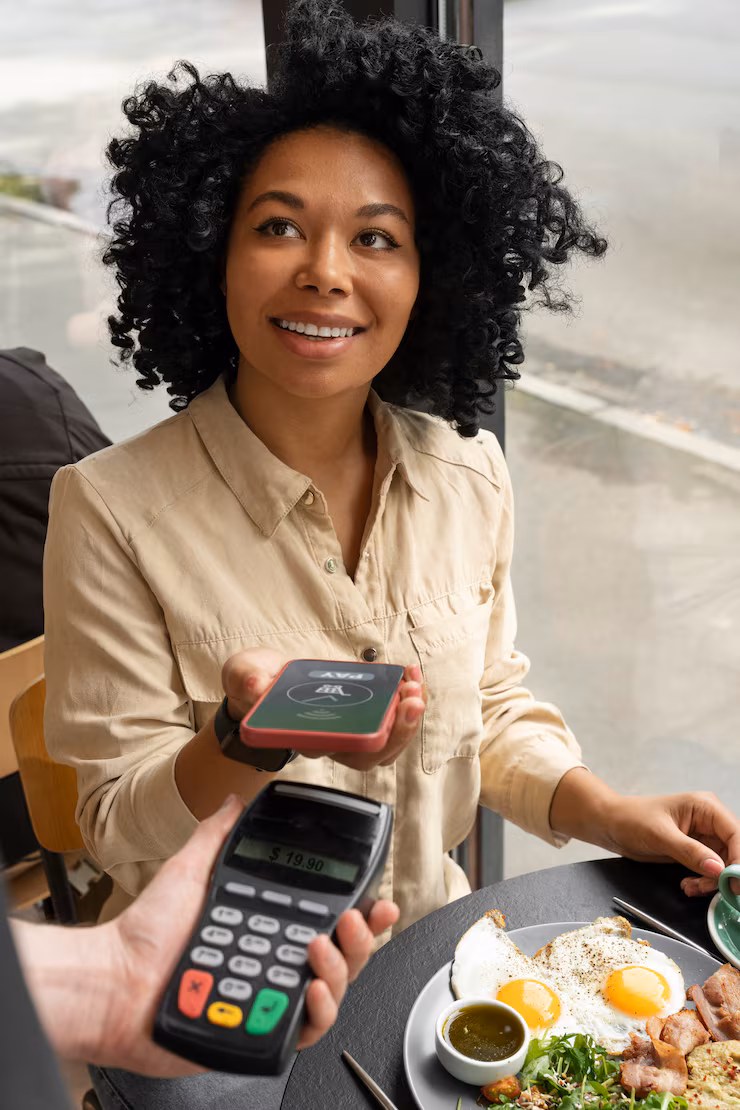 Cliente souriante qui règle un achat par carte bancaire