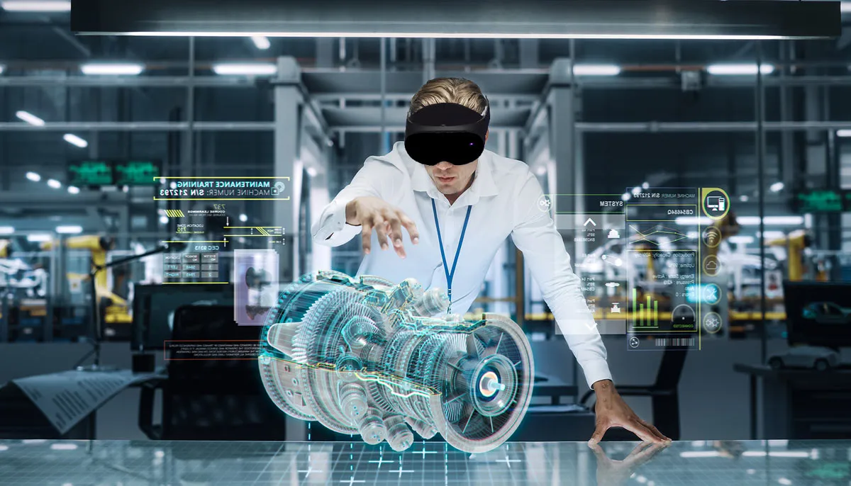 Technicien en atelier portant des lunettes connectées affichant des instructions dans son champ de vision