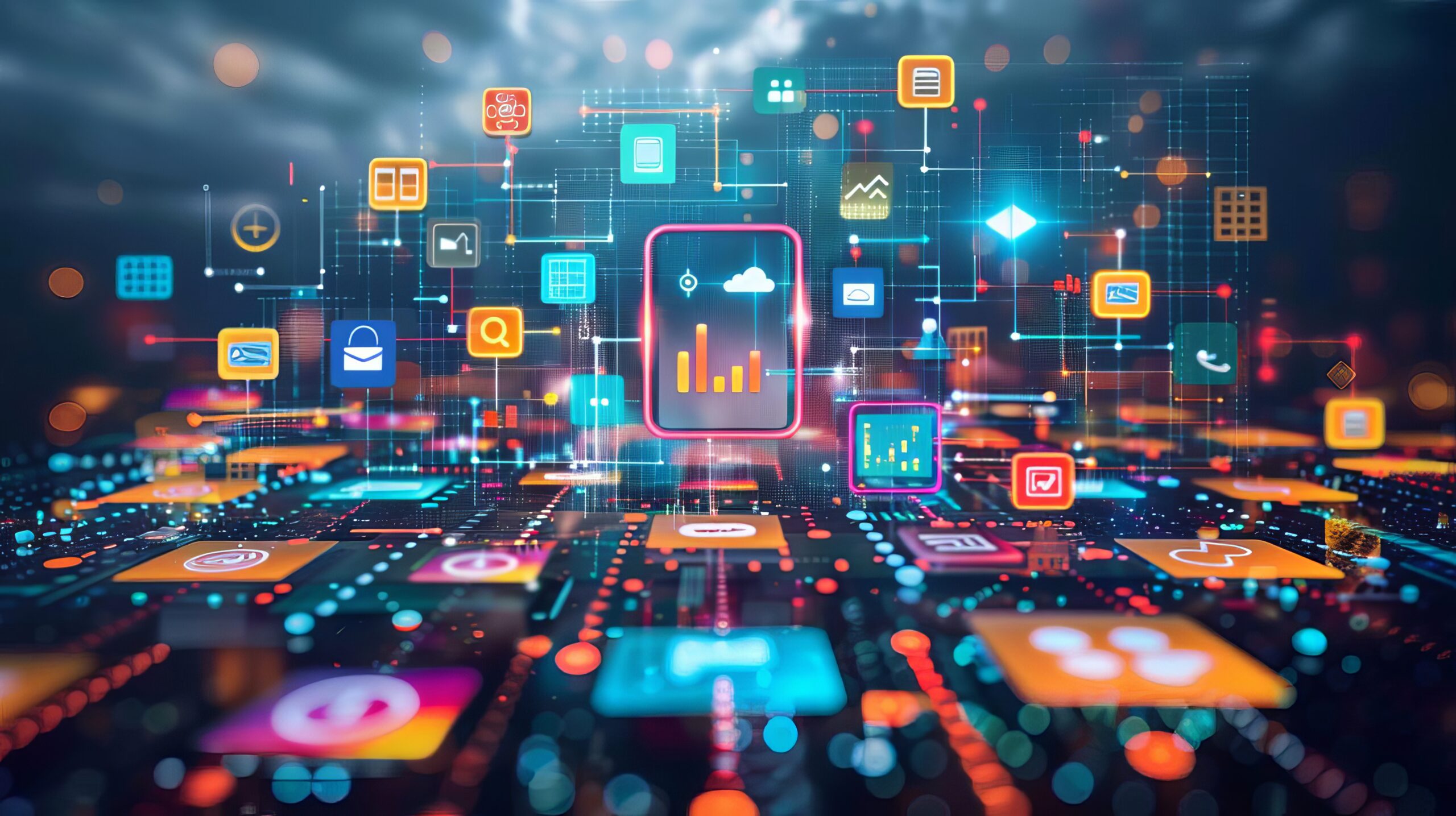 Réseau d'icônes d'applications lumineuses sur un plan numérique, écosystème web connecté