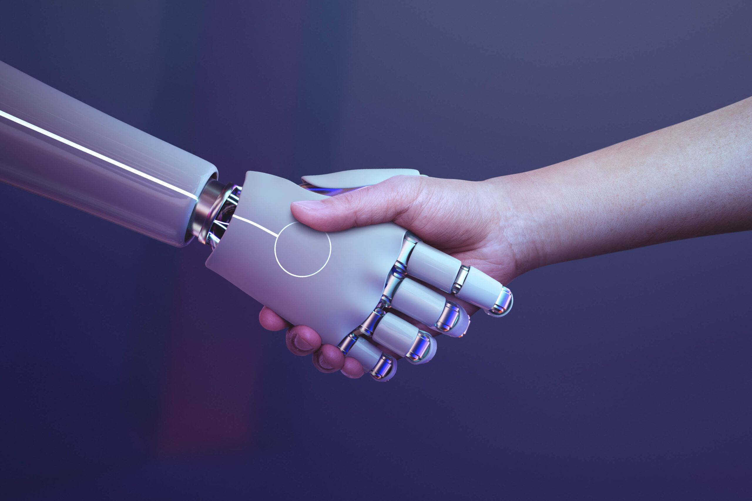 Poignée de main entre une main humaine et une main de robot, image du commerce agentique