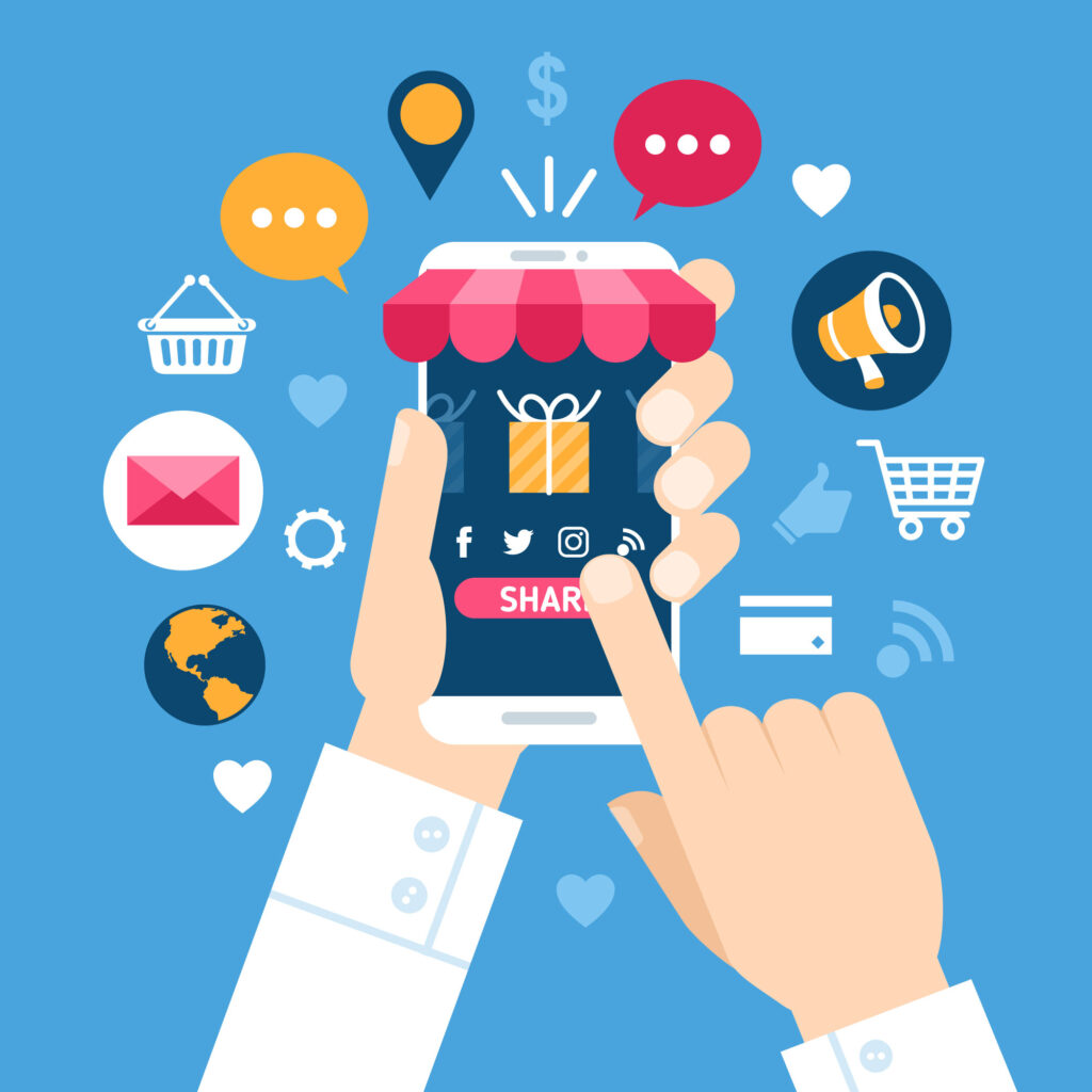 Main tenant un smartphone affichant une boutique et des icônes de social commerce