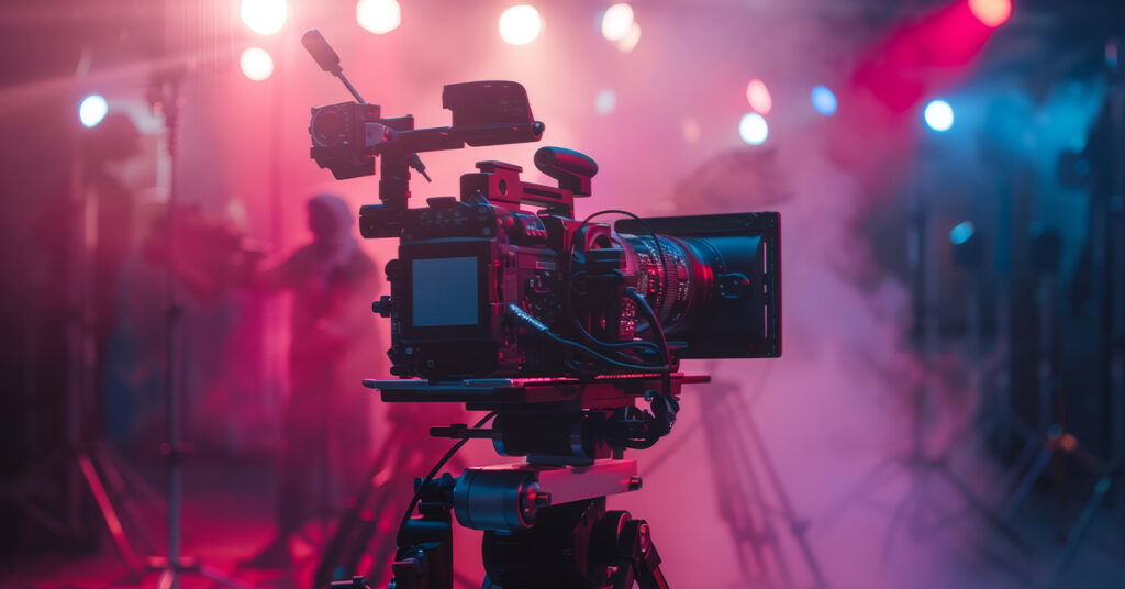 Caméra de cinéma sur une scène éclairée en tons rose et rouge