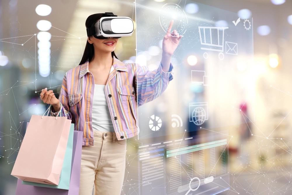 Cliente avec des sacs de shopping utilisant une interface de réalité augmentée pour la mode